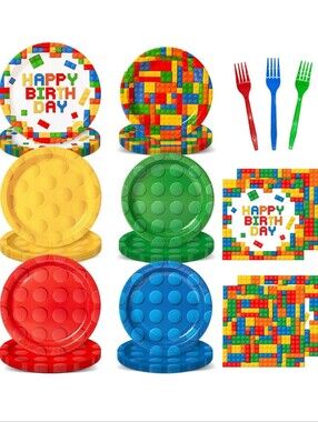 96 Pcs Building Blocks Birthday Party Tableware Set (Serves 24)